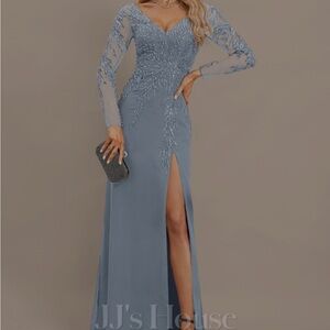 JJs House Slate Blue Long Sleeve Gown.  Came very wrinkled. Tags attached.